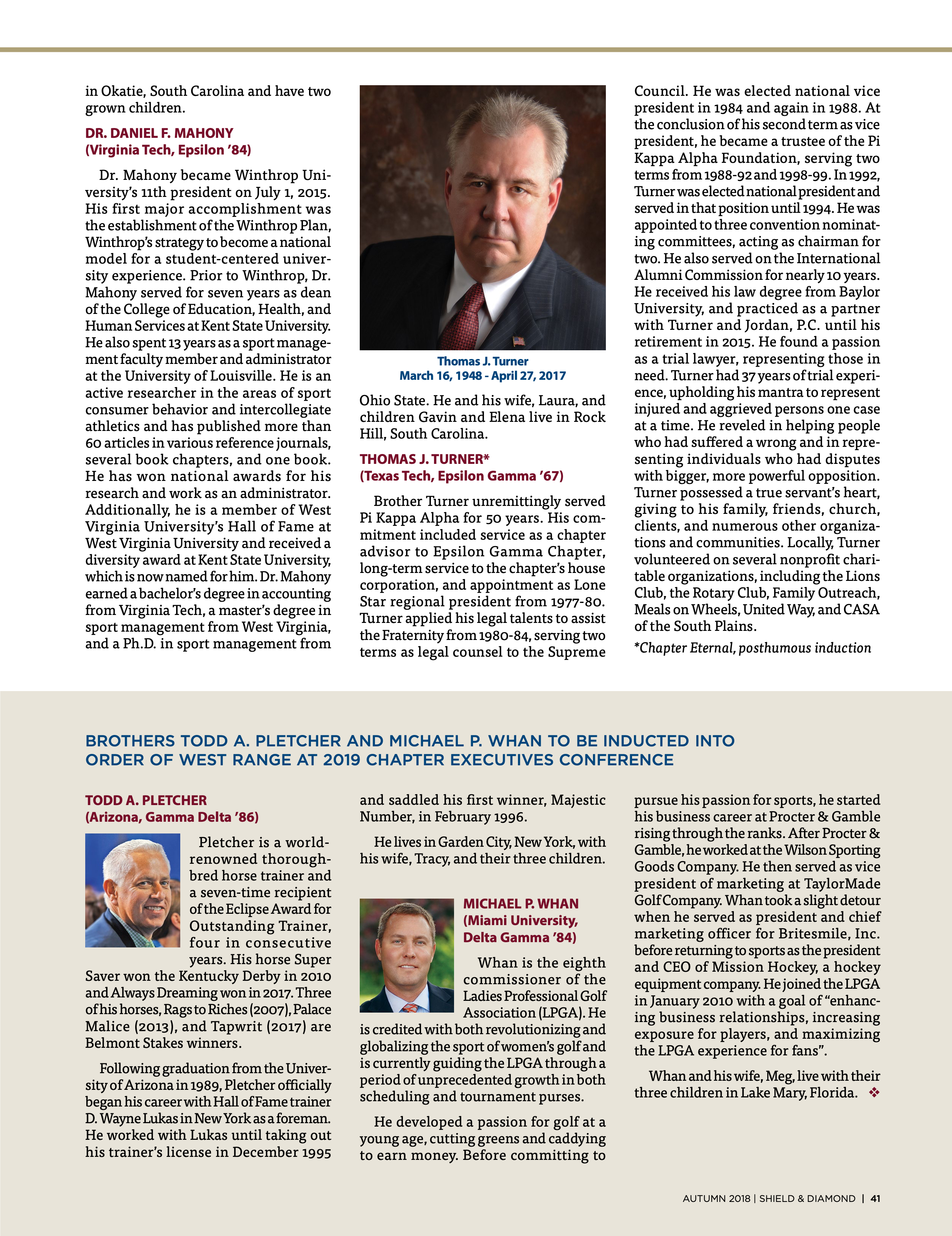 Brothers Todd A. Pletcher and Michael P. Whan to be Inducted into Order of West Range at 2019 Chapter Executives Conference